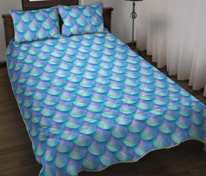 Blue Neon Mermaid Scales Pattern Print Quilt Bed Set