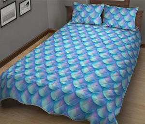 Blue Neon Mermaid Scales Pattern Print Quilt Bed Set