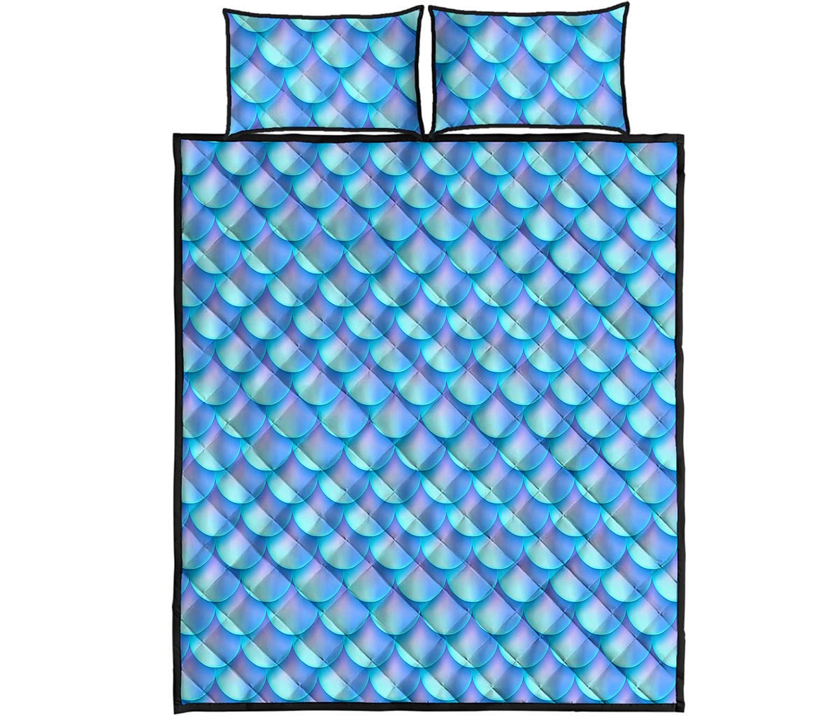 Blue Neon Mermaid Scales Pattern Print Quilt Bed Set