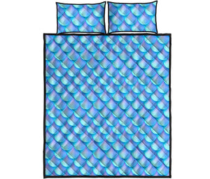 Blue Neon Mermaid Scales Pattern Print Quilt Bed Set