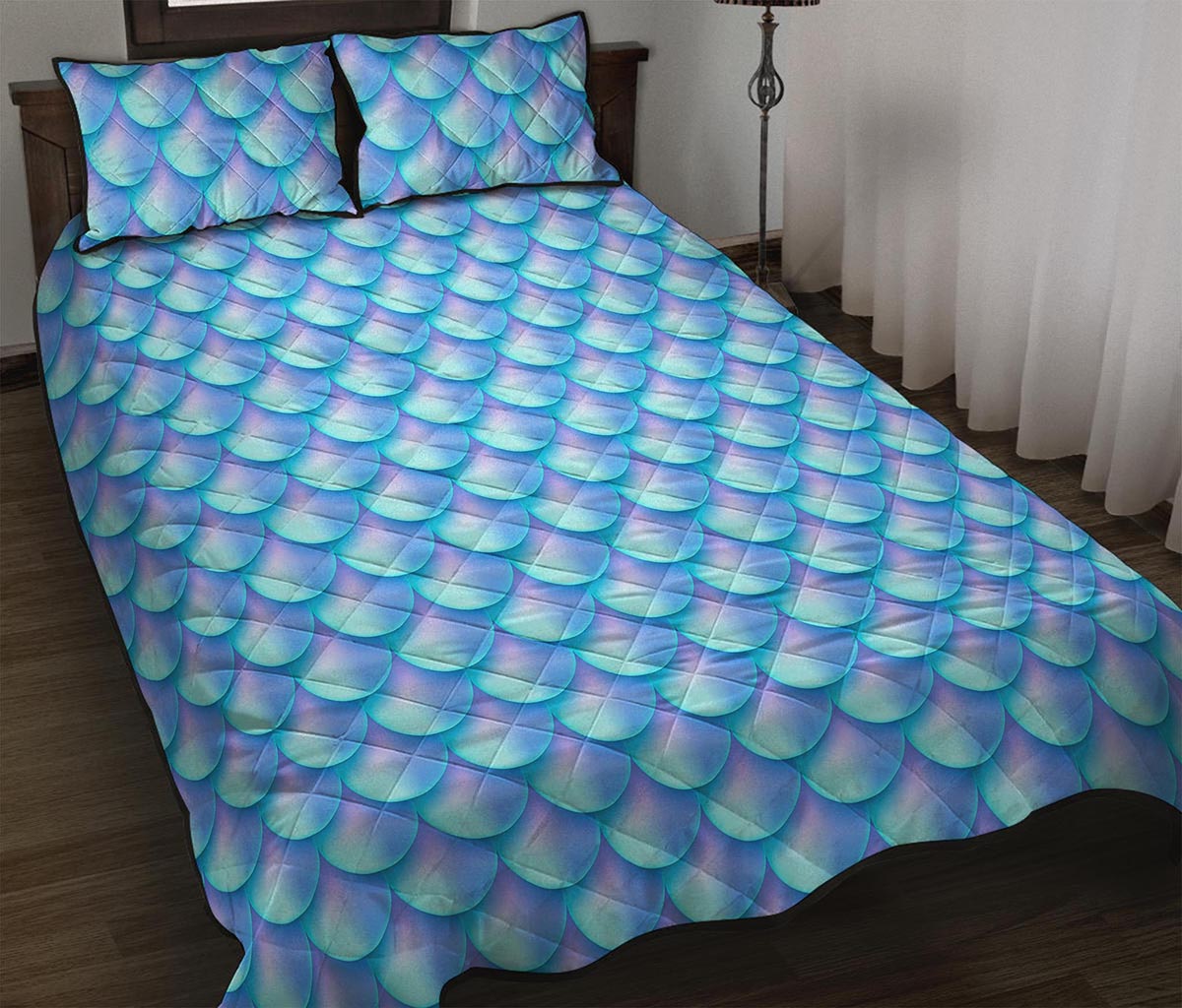 Blue Neon Mermaid Scales Pattern Print Quilt Bed Set