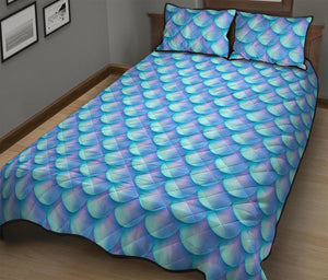 Blue Neon Mermaid Scales Pattern Print Quilt Bed Set