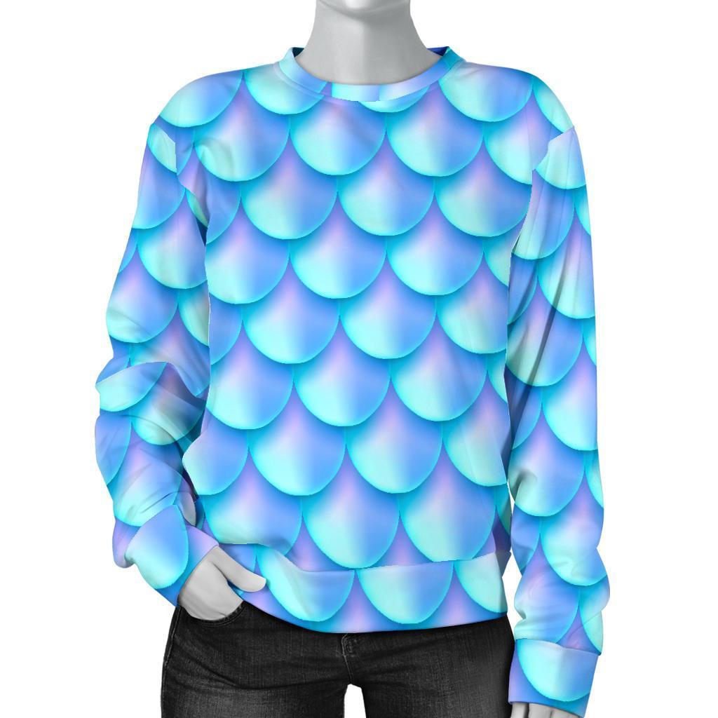 Blue Neon Mermaid Scales Pattern Print Women's Crewneck Sweatshirt GearFrost