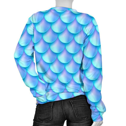 Blue Neon Mermaid Scales Pattern Print Women's Crewneck Sweatshirt GearFrost