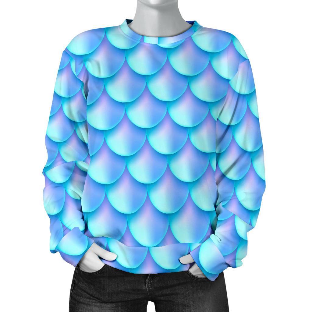 Blue Neon Mermaid Scales Pattern Print Women's Crewneck Sweatshirt GearFrost