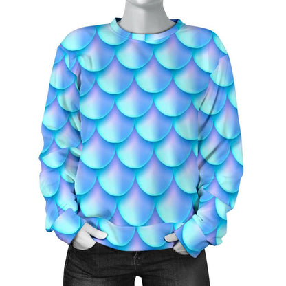 Blue Neon Mermaid Scales Pattern Print Women's Crewneck Sweatshirt GearFrost