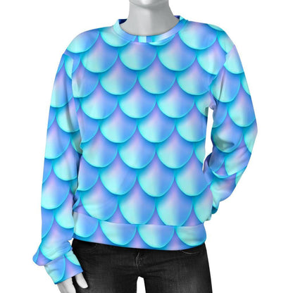 Blue Neon Mermaid Scales Pattern Print Women's Crewneck Sweatshirt GearFrost