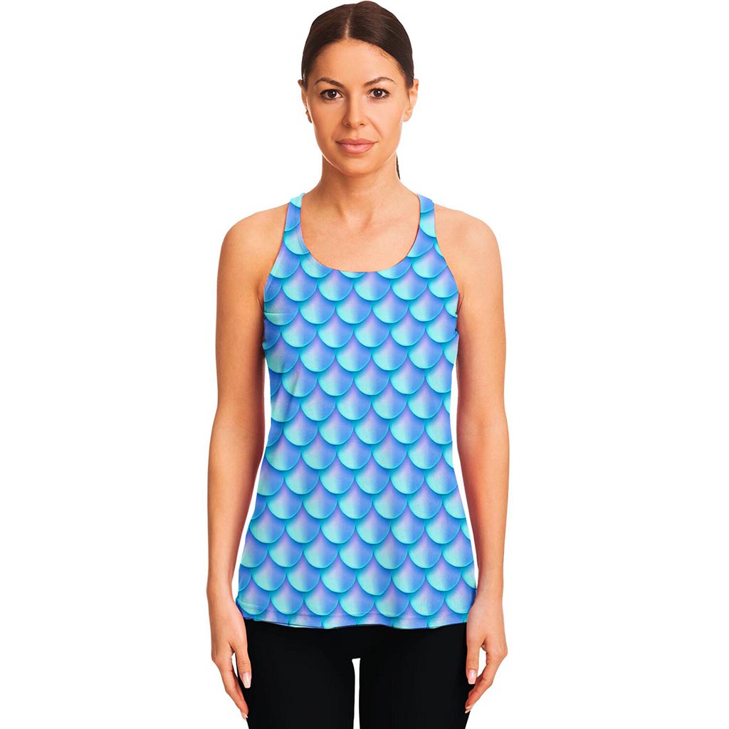 Blue Neon Mermaid Scales Pattern Print Women's Racerback Tank Top