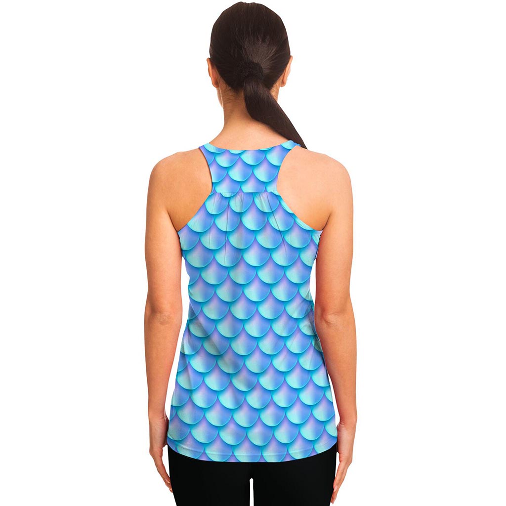 Blue Neon Mermaid Scales Pattern Print Women's Racerback Tank Top