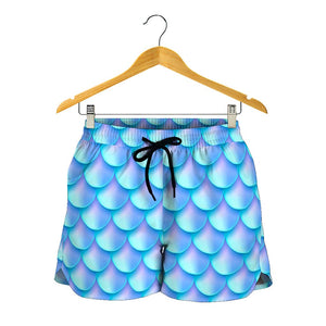 Blue Neon Mermaid Scales Pattern Print Women's Shorts