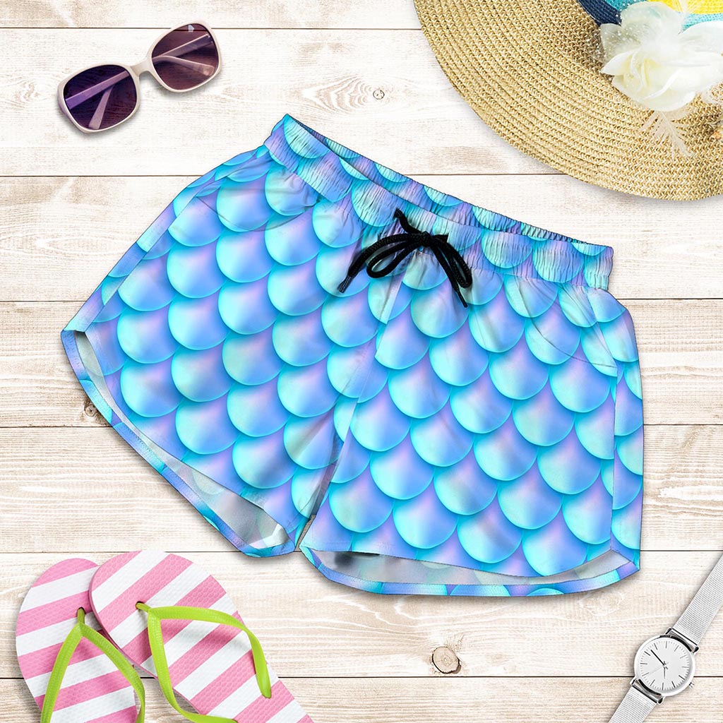 Blue Neon Mermaid Scales Pattern Print Women's Shorts