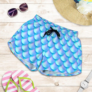 Blue Neon Mermaid Scales Pattern Print Women's Shorts