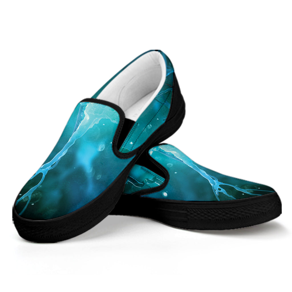 Blue Neurons In The Brain Print Black Slip On Shoes
