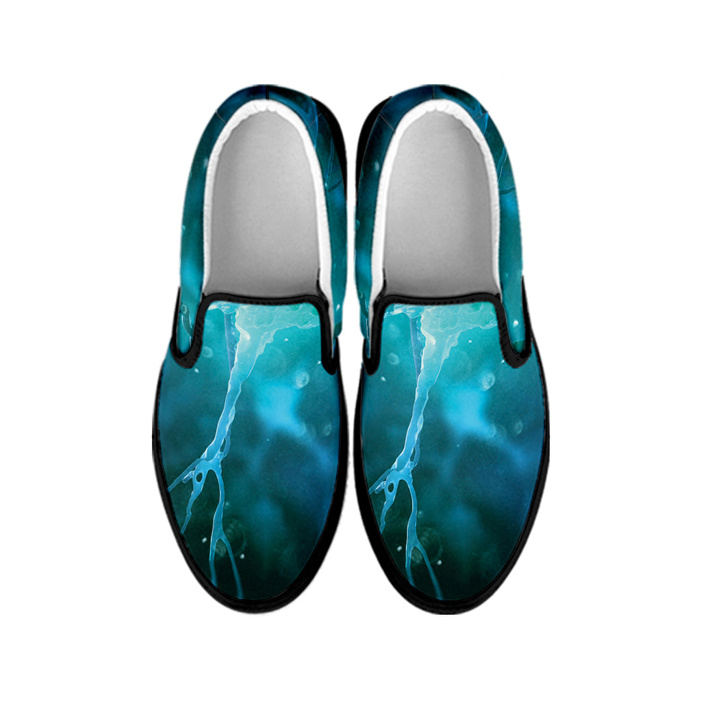 Blue Neurons In The Brain Print Black Slip On Shoes