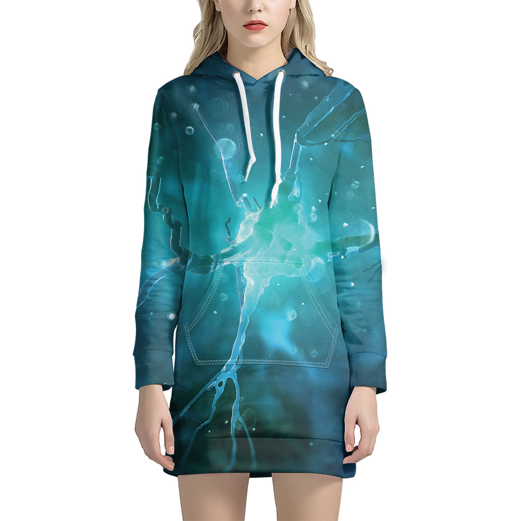 Blue Neurons In The Brain Print Hoodie Dress