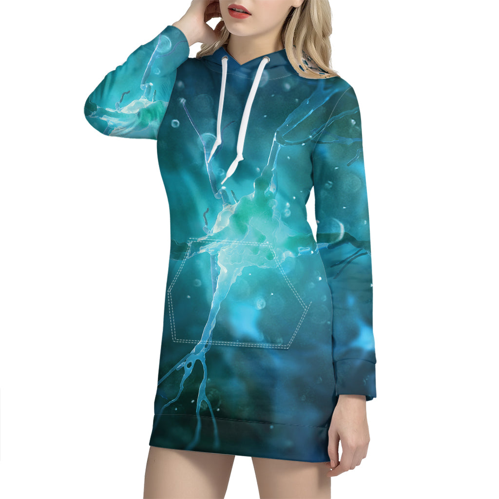 Blue Neurons In The Brain Print Hoodie Dress