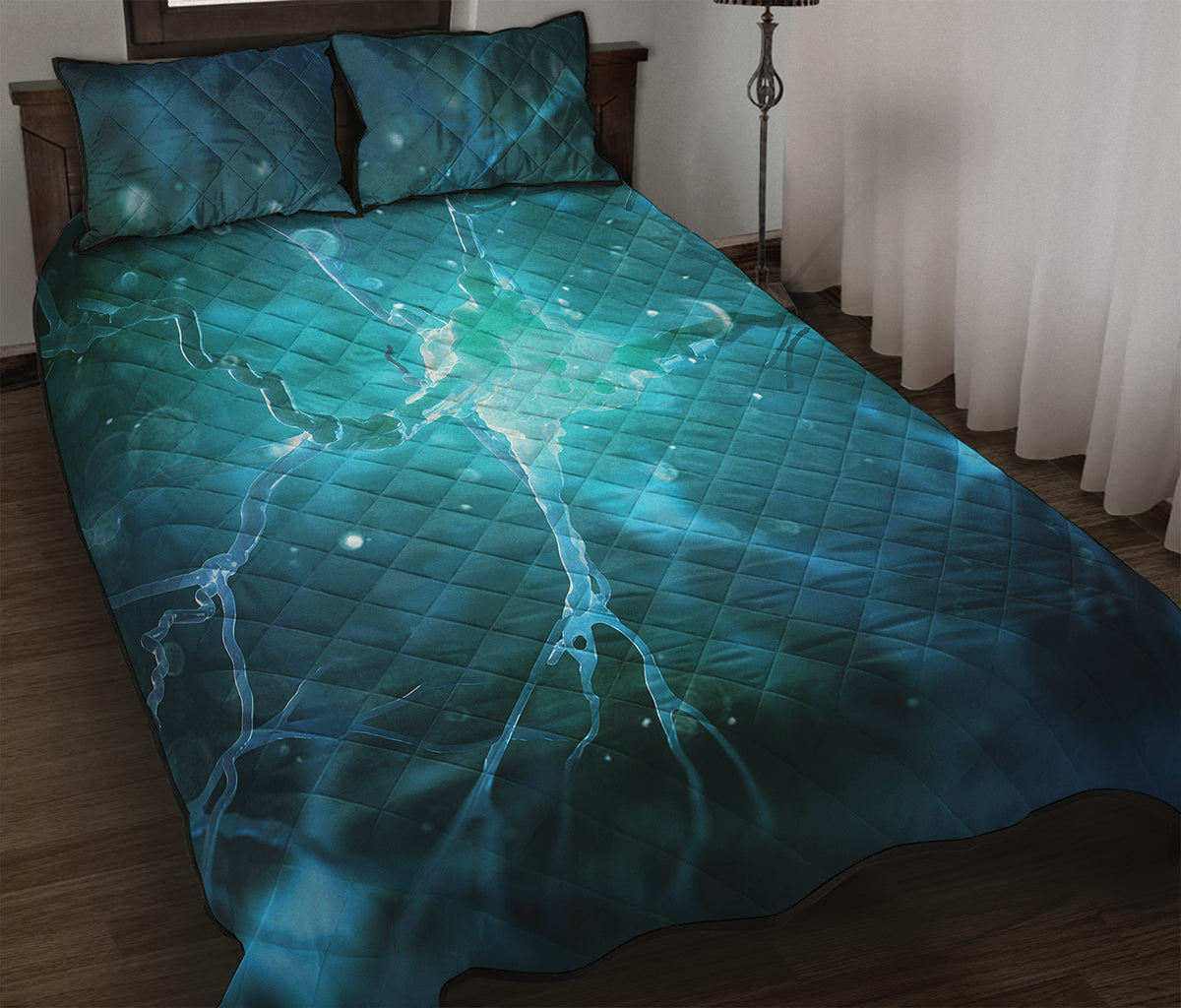 Blue Neurons In The Brain Print Quilt Bed Set