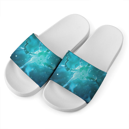 Blue Neurons In The Brain Print White Slide Sandals