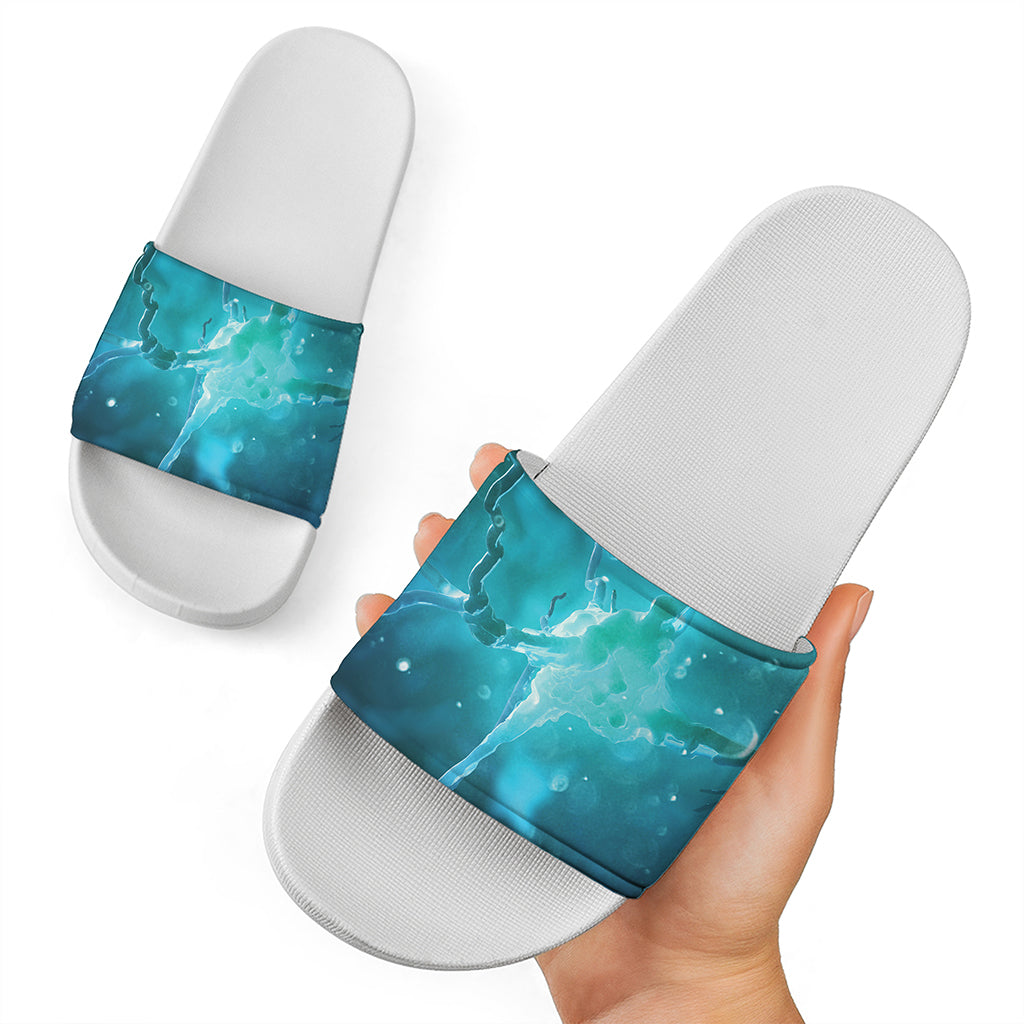 Blue Neurons In The Brain Print White Slide Sandals