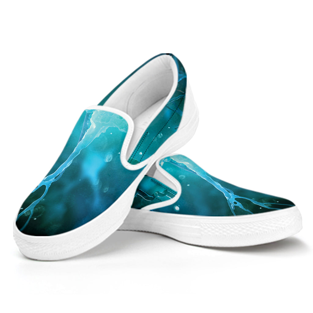 Blue Neurons In The Brain Print White Slip On Shoes