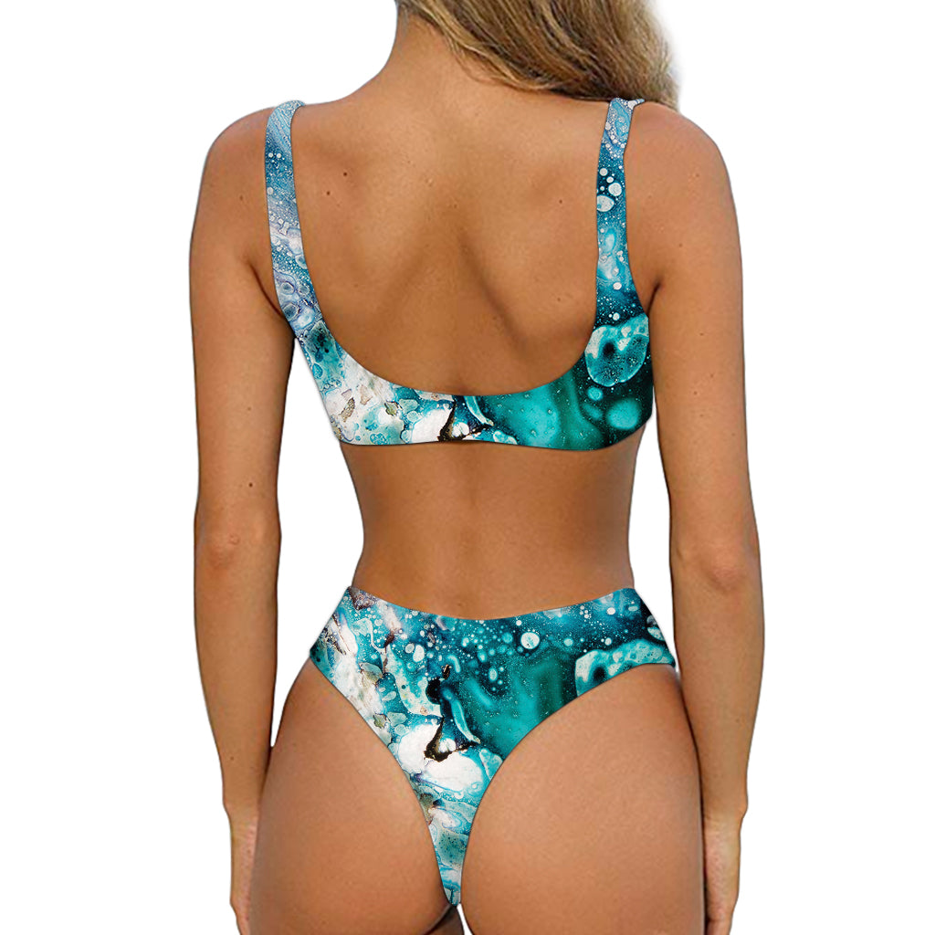Blue Ocean Acid Melt Print Front Bow Tie Bikini