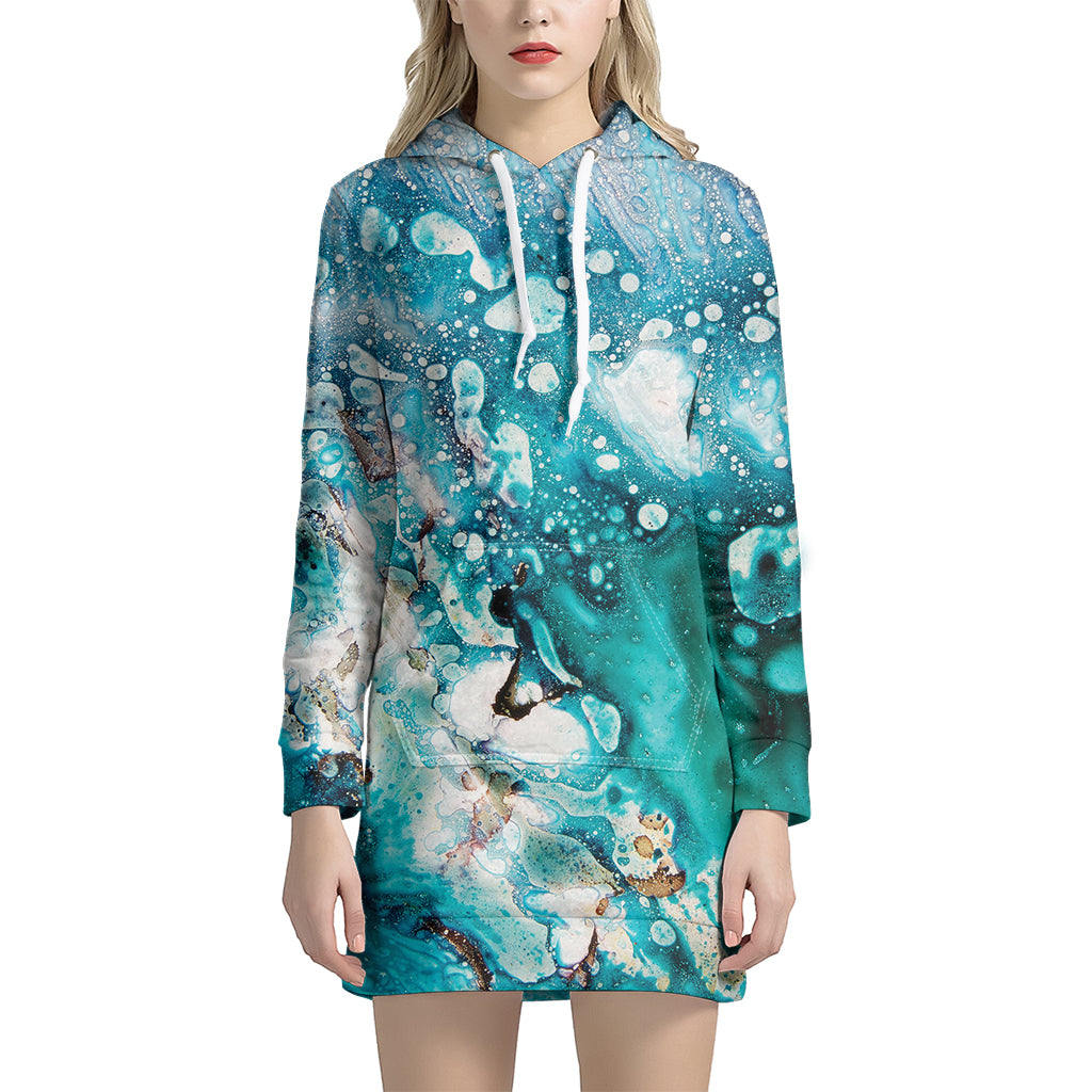 Blue Ocean Acid Melt Print Hoodie Dress