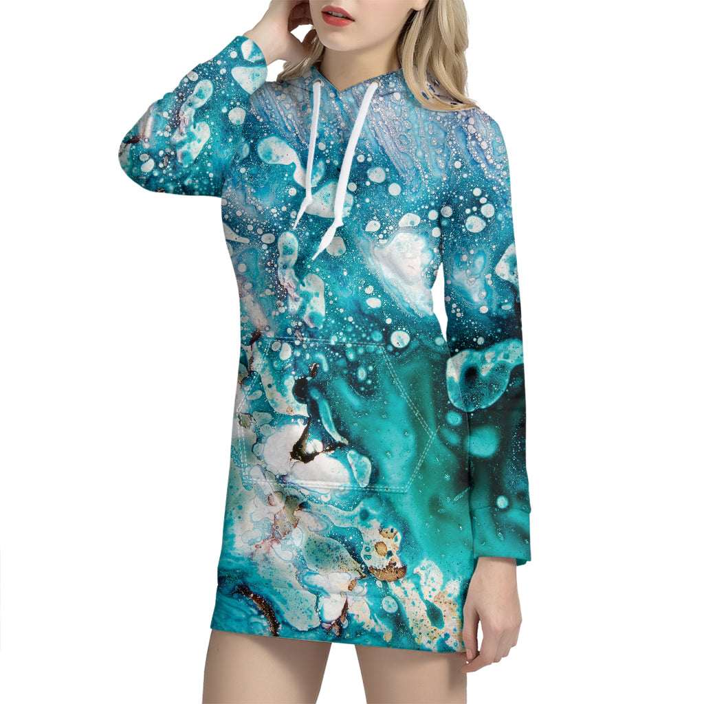 Blue Ocean Acid Melt Print Hoodie Dress