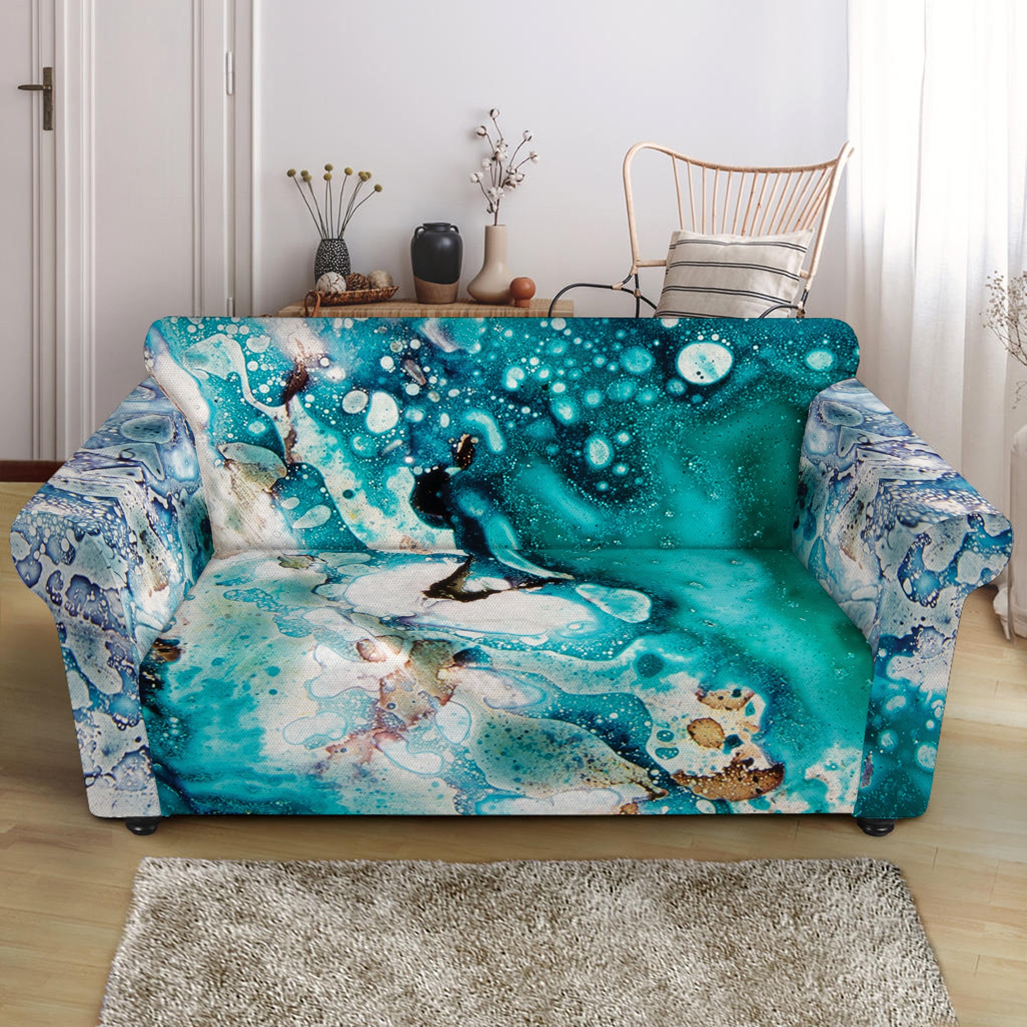 Blue Ocean Acid Melt Print Loveseat Slipcover