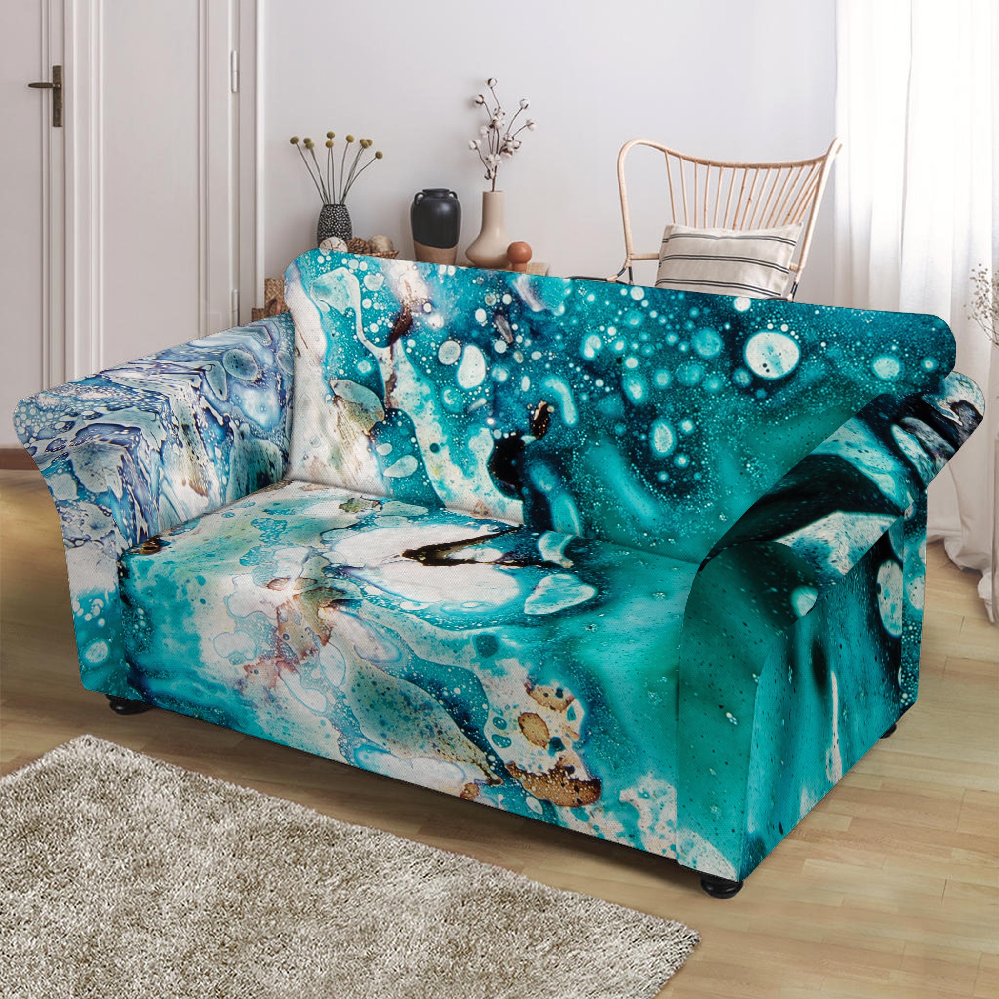 Blue Ocean Acid Melt Print Loveseat Slipcover