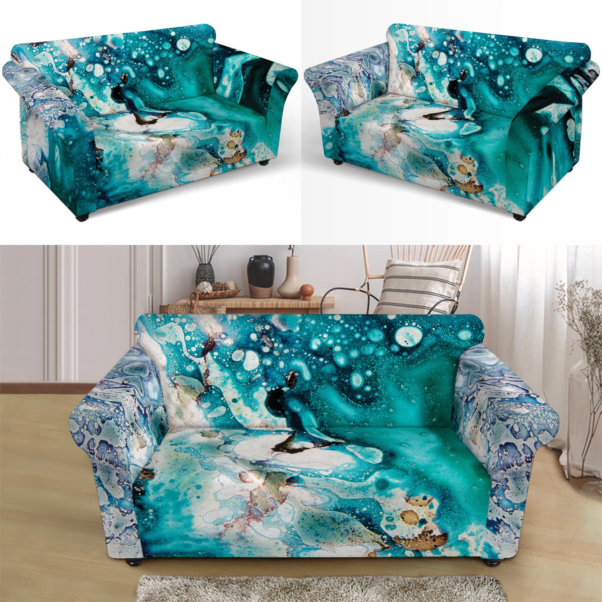 Blue Ocean Acid Melt Print Loveseat Slipcover