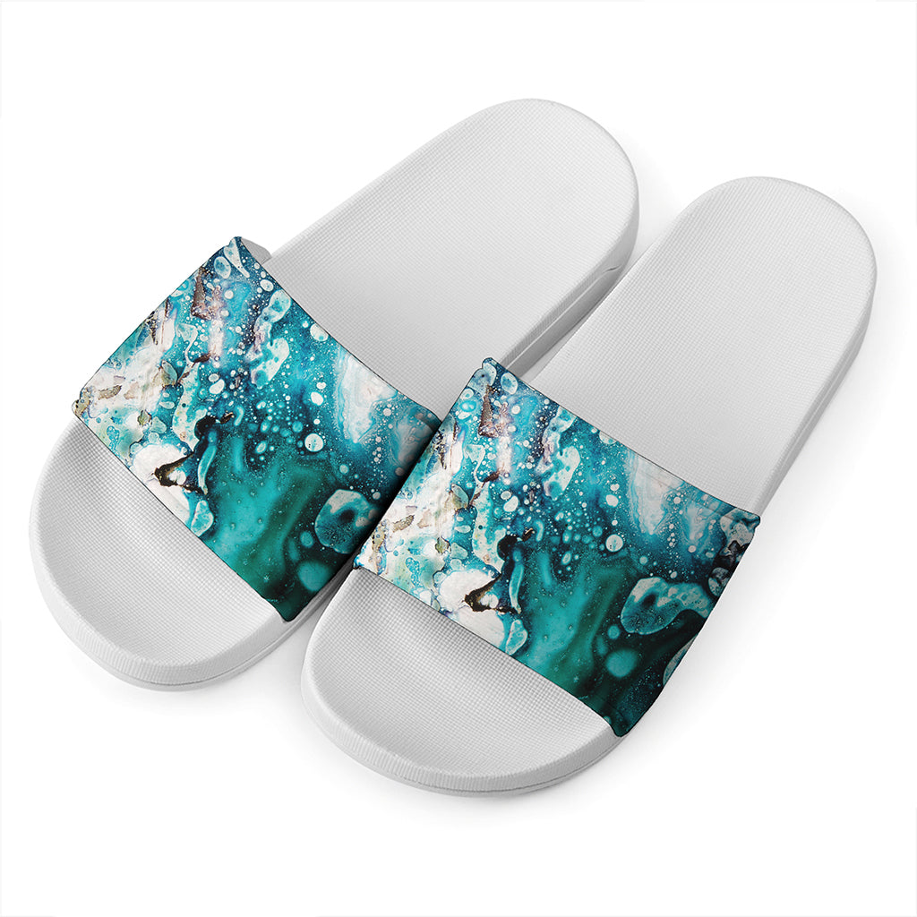 Blue Ocean Acid Melt Print White Slide Sandals