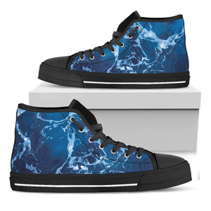 Blue Ocean Print Black High Top Shoes