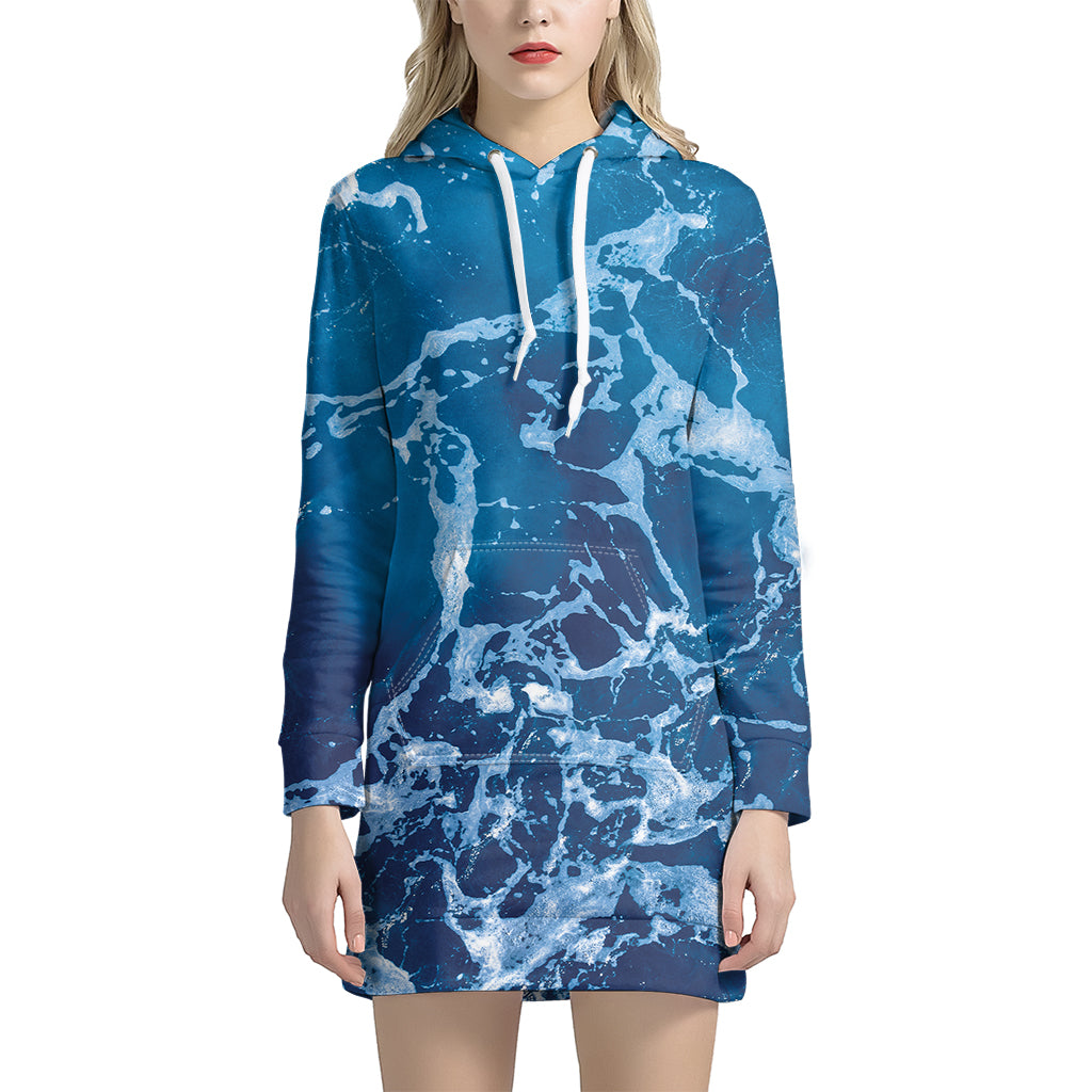 Blue Ocean Print Hoodie Dress