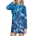 Blue Ocean Print Hoodie Dress