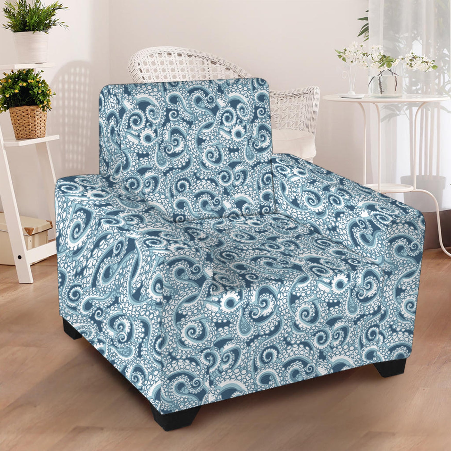 Blue Octopus Tentacles Pattern Print Armchair Slipcover