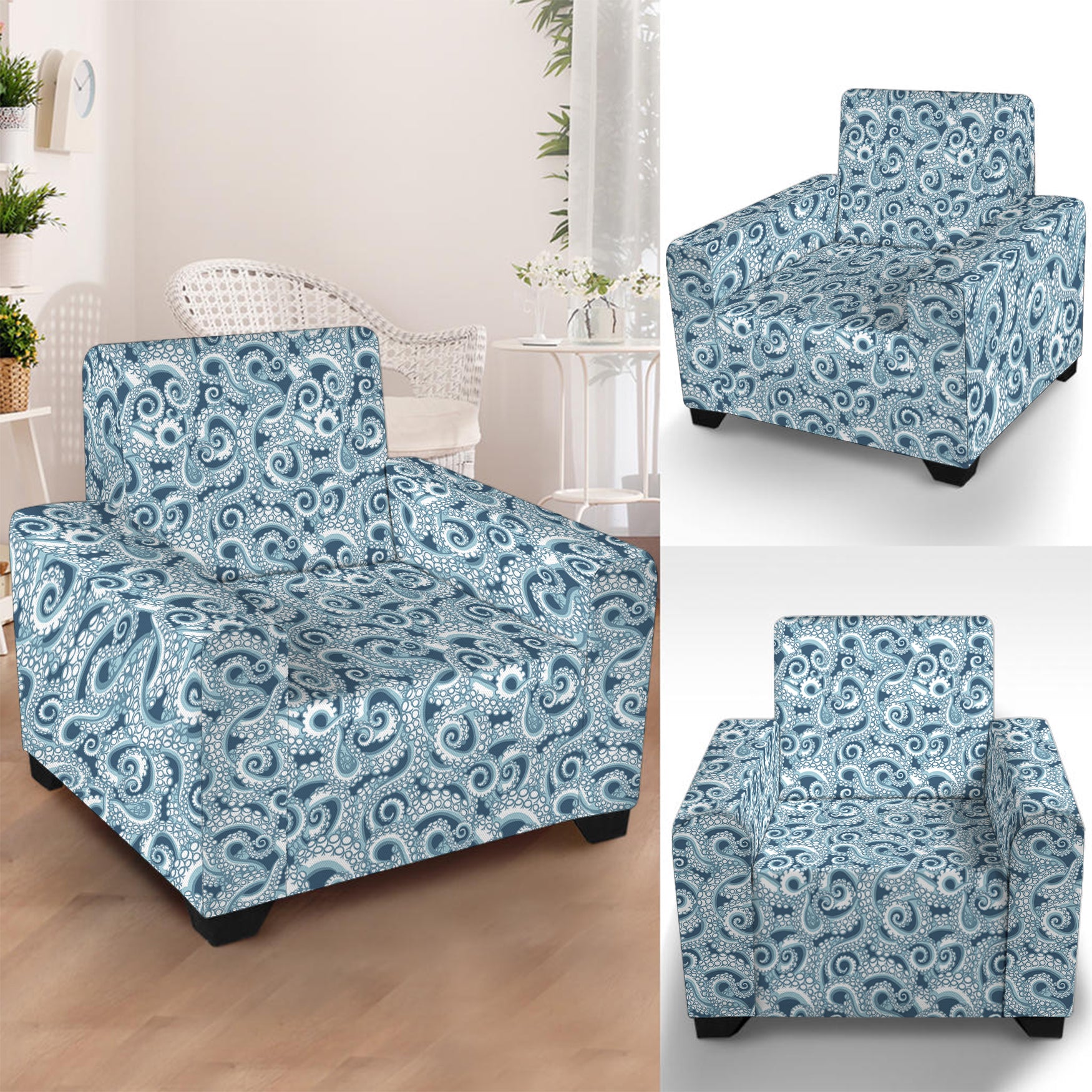 Blue Octopus Tentacles Pattern Print Armchair Slipcover