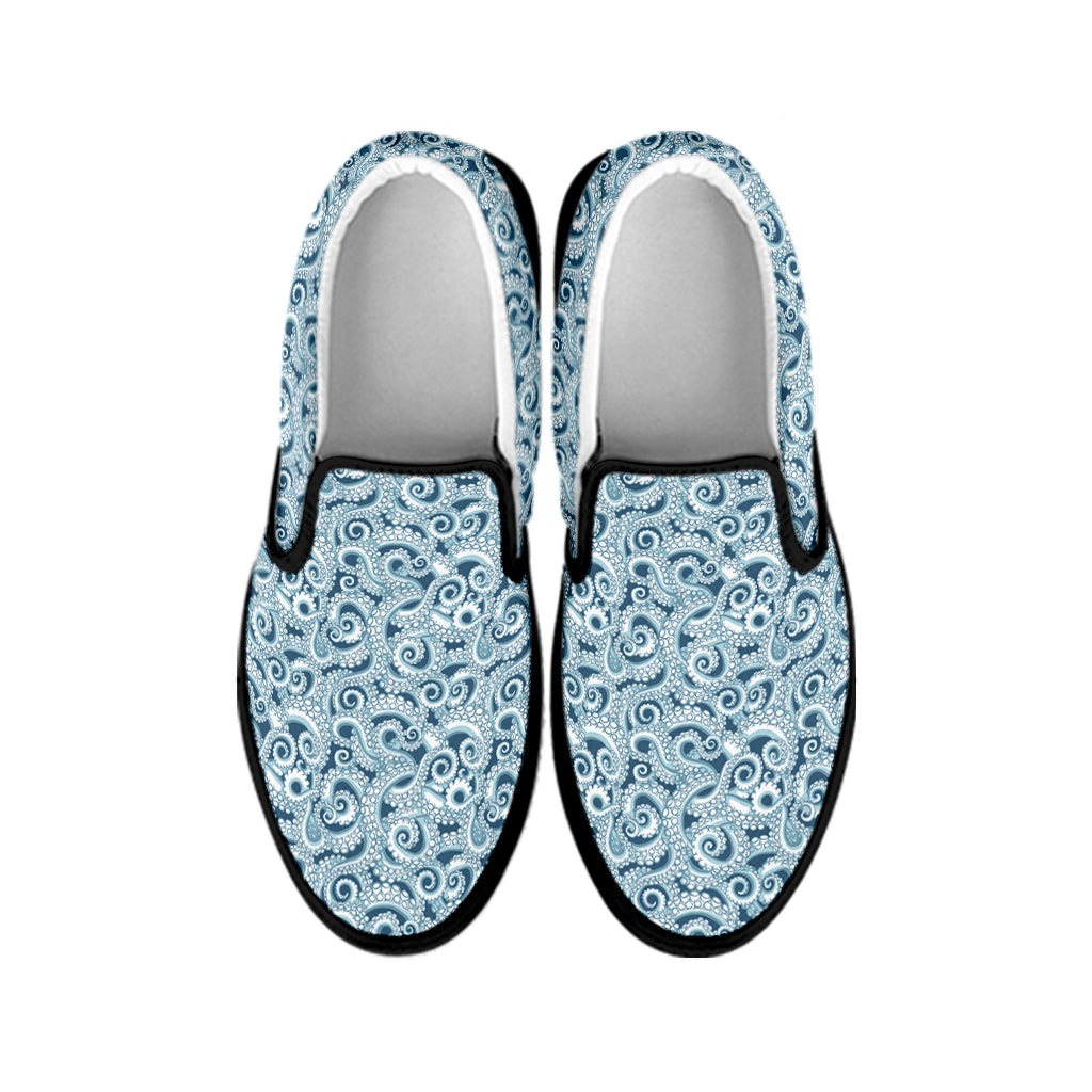 Blue Octopus Tentacles Pattern Print Black Slip On Shoes