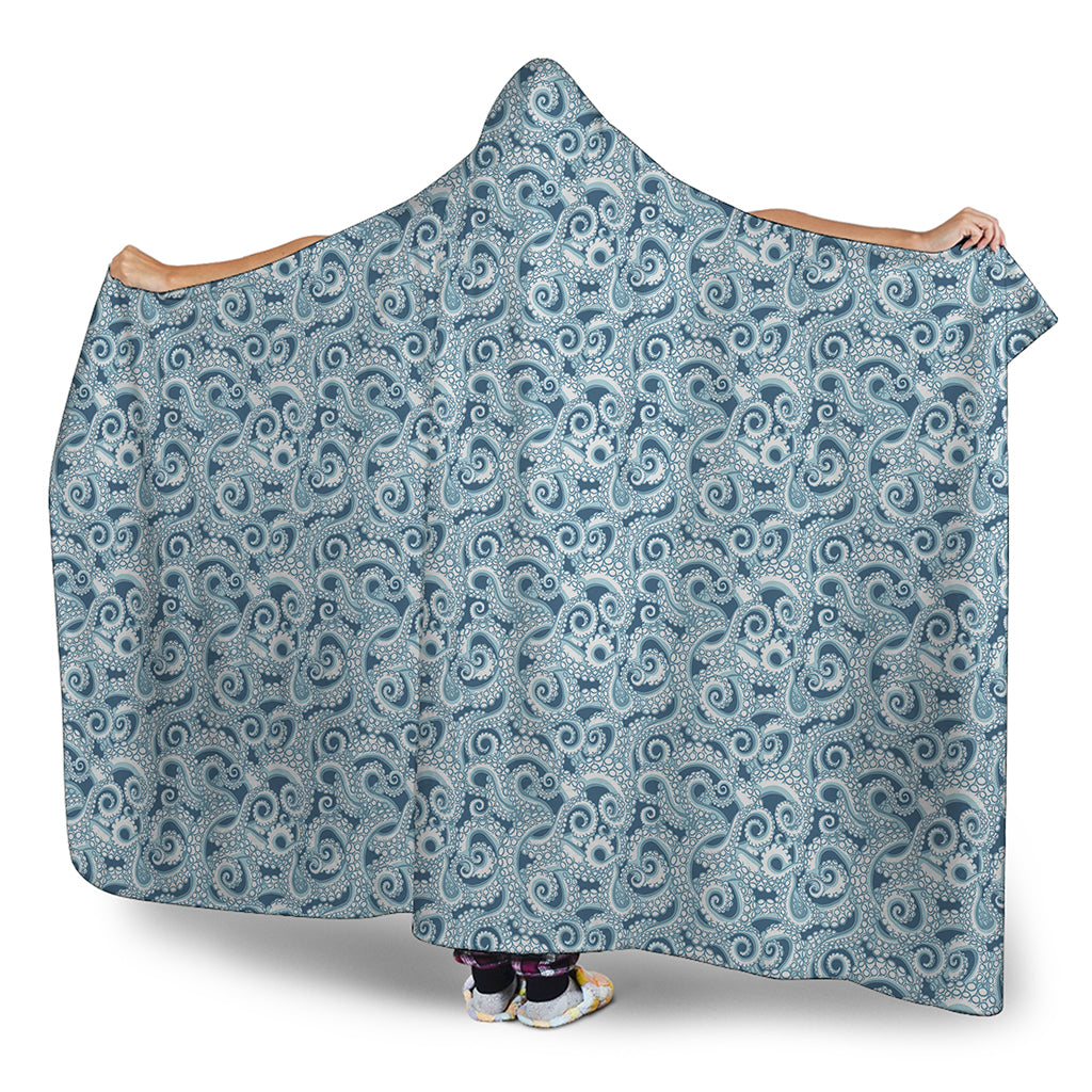 Blue Octopus Tentacles Pattern Print Hooded Blanket