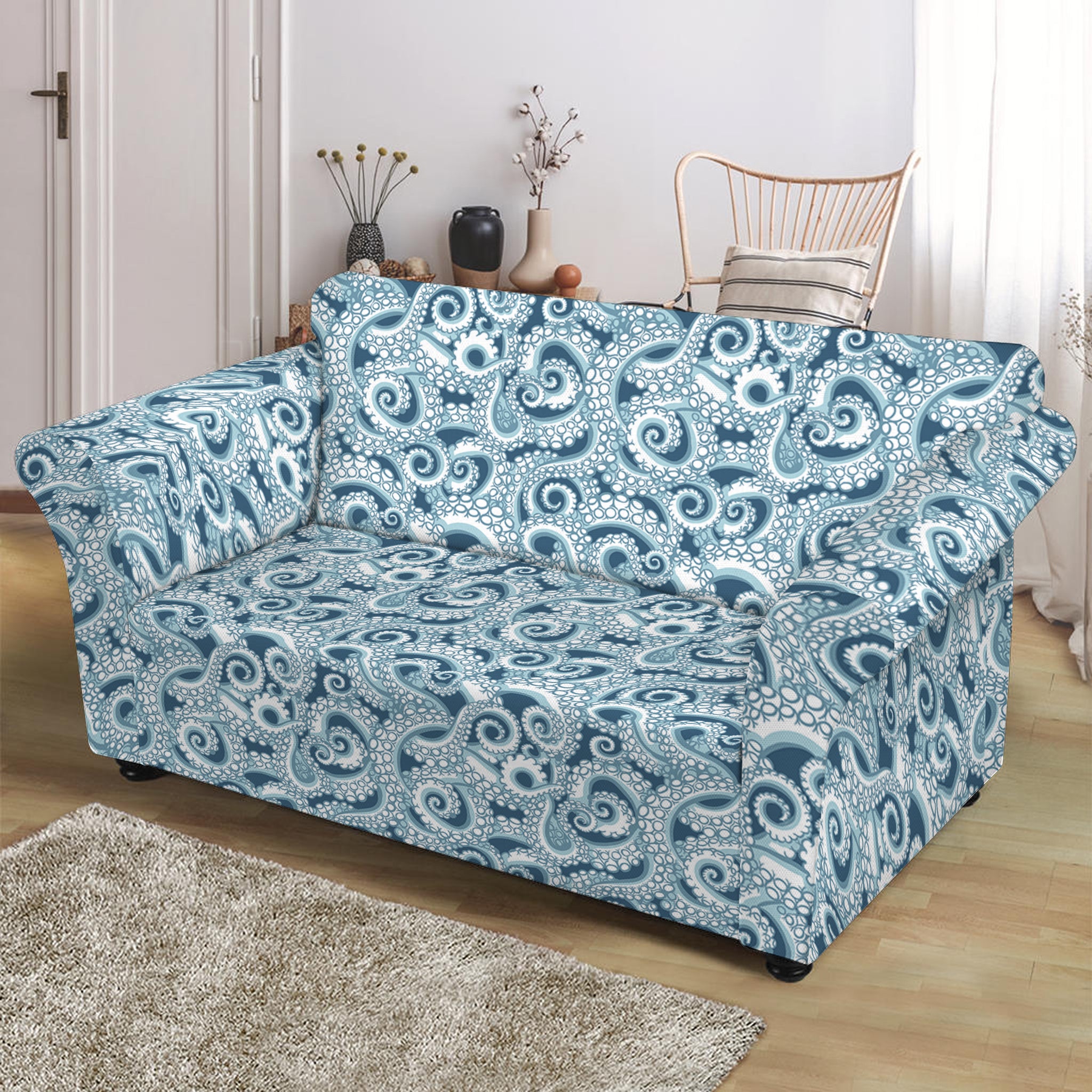 Blue Octopus Tentacles Pattern Print Loveseat Slipcover