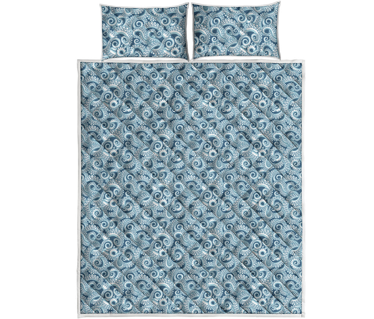 Blue Octopus Tentacles Pattern Print Quilt Bed Set