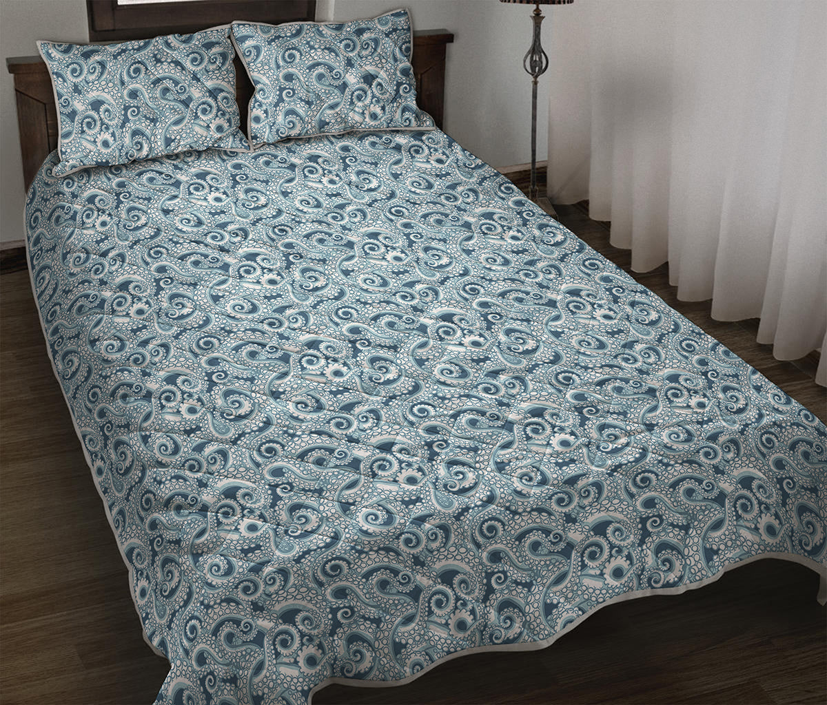 Blue Octopus Tentacles Pattern Print Quilt Bed Set