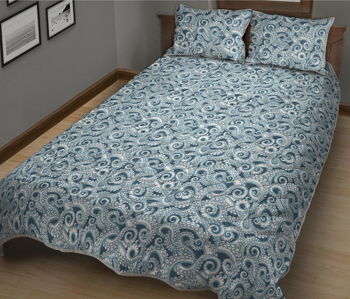 Blue Octopus Tentacles Pattern Print Quilt Bed Set