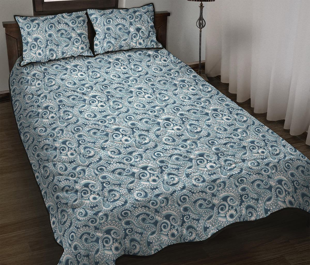 Blue Octopus Tentacles Pattern Print Quilt Bed Set