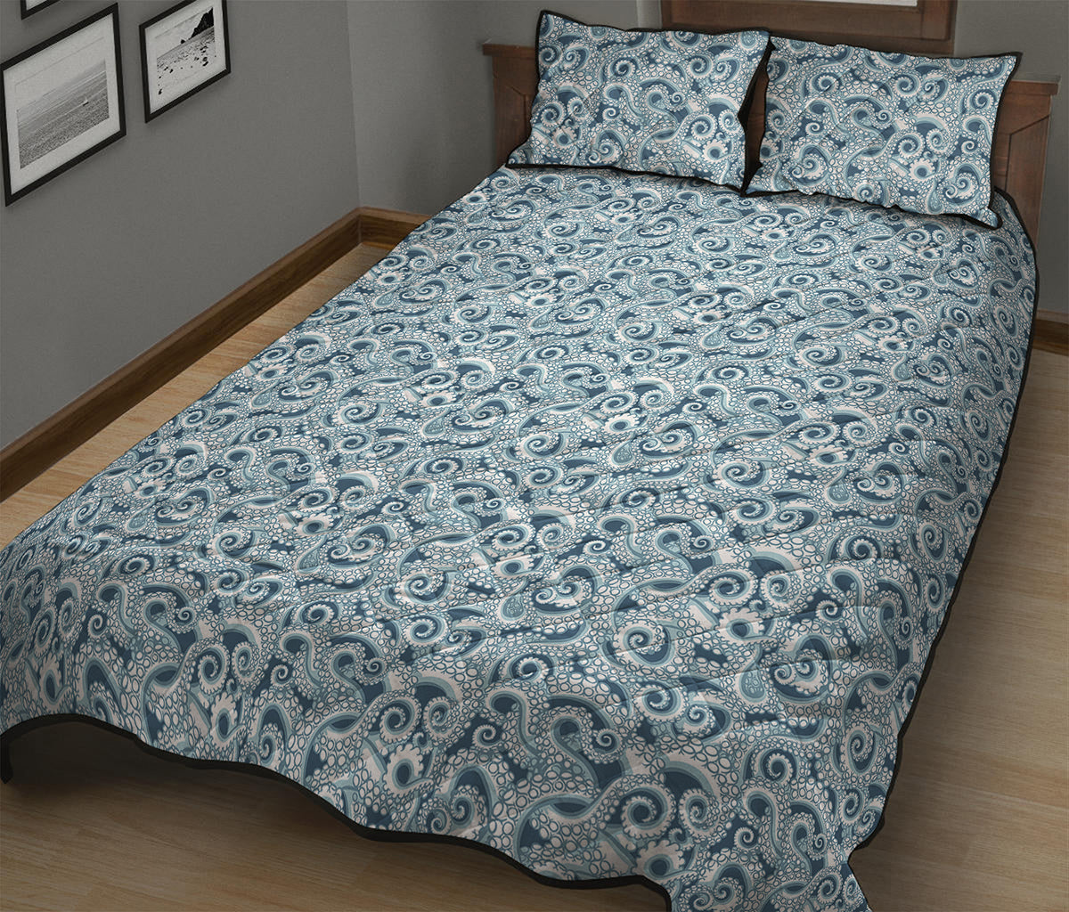 Blue Octopus Tentacles Pattern Print Quilt Bed Set
