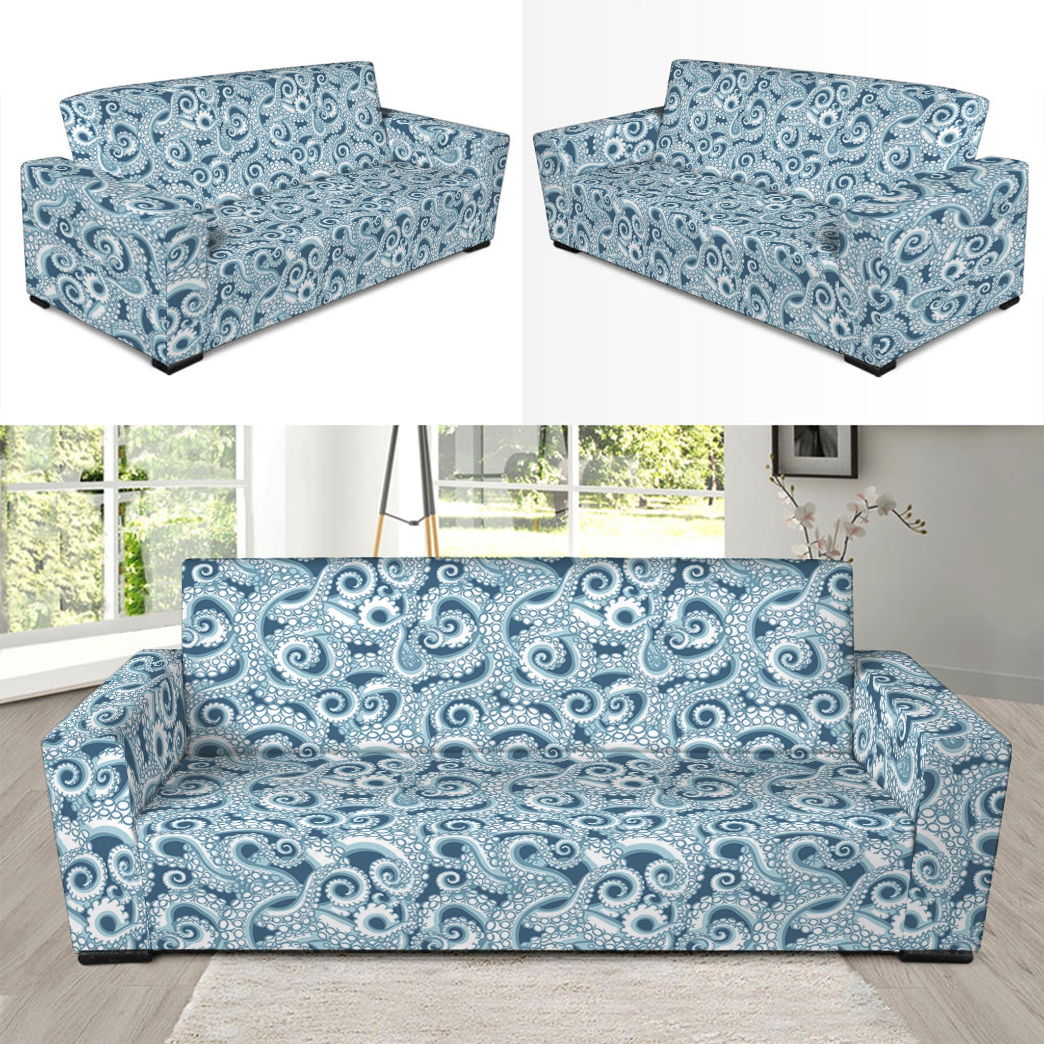 Blue Octopus Tentacles Pattern Print Sofa Slipcover