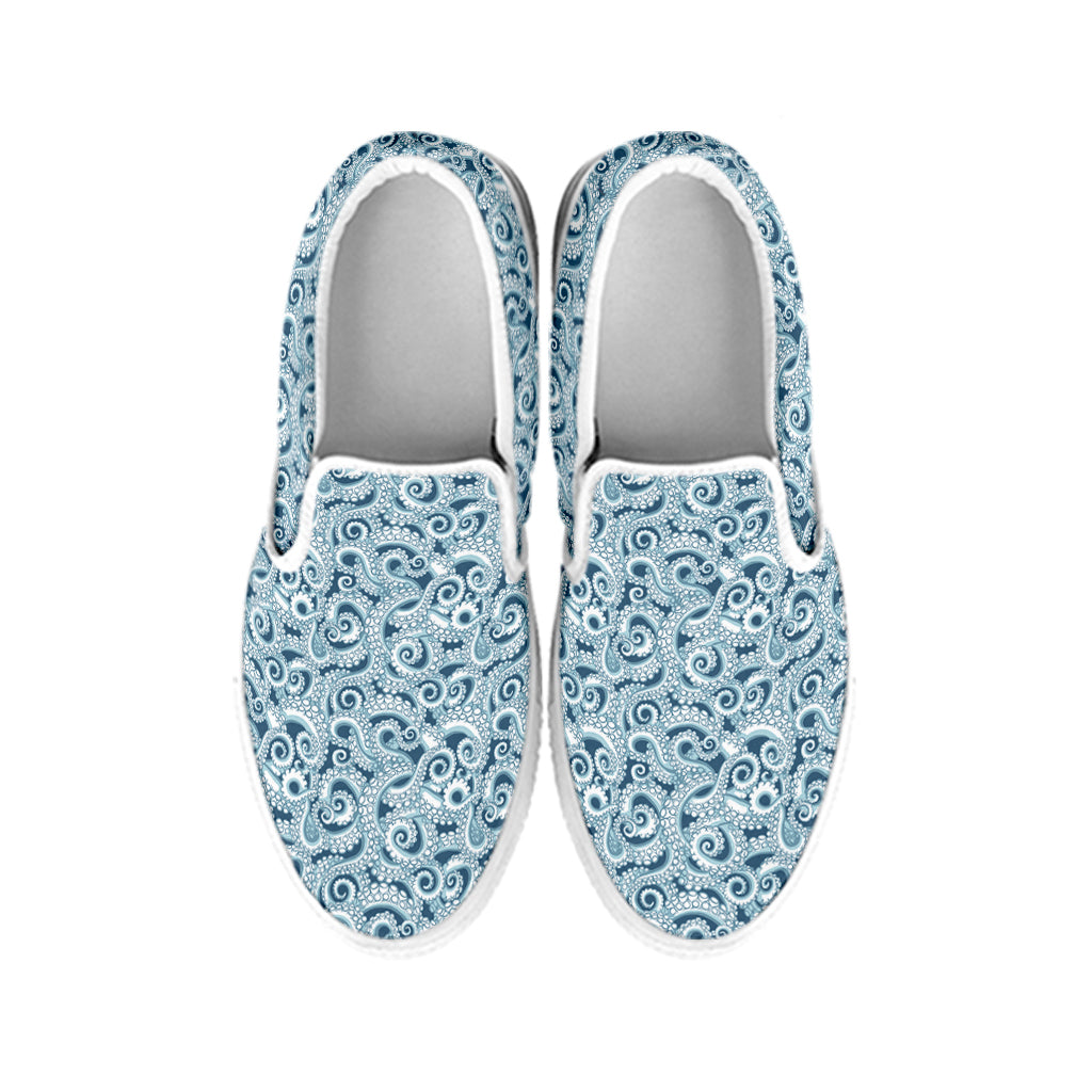 Blue Octopus Tentacles Pattern Print White Slip On Shoes