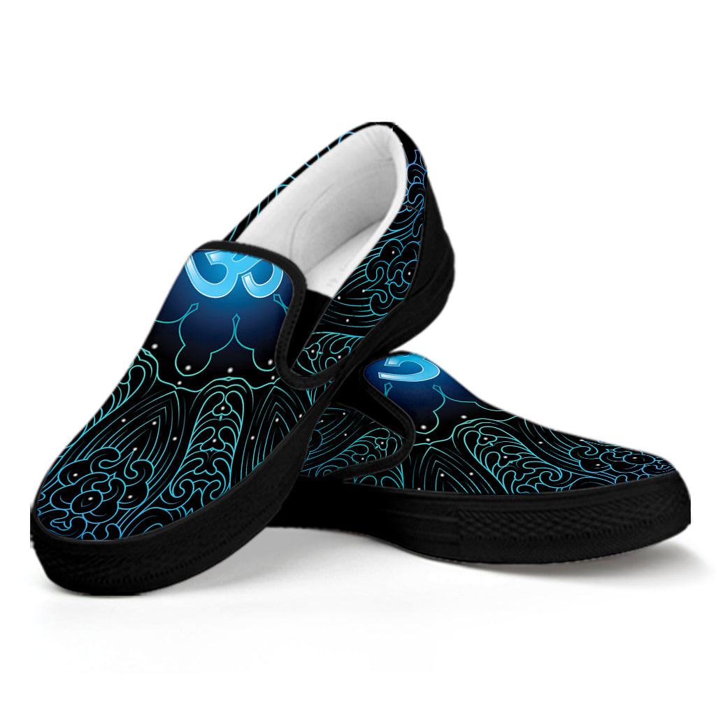 Blue Om Mandala Print Black Slip On Shoes