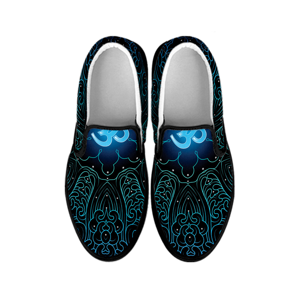 Blue Om Mandala Print Black Slip On Shoes