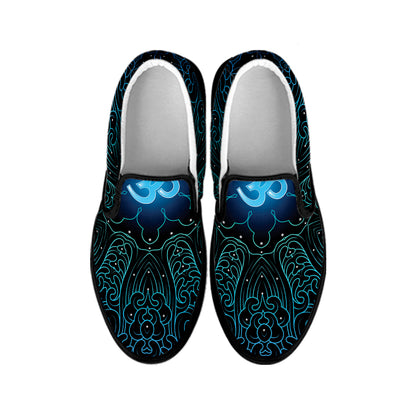 Blue Om Mandala Print Black Slip On Shoes