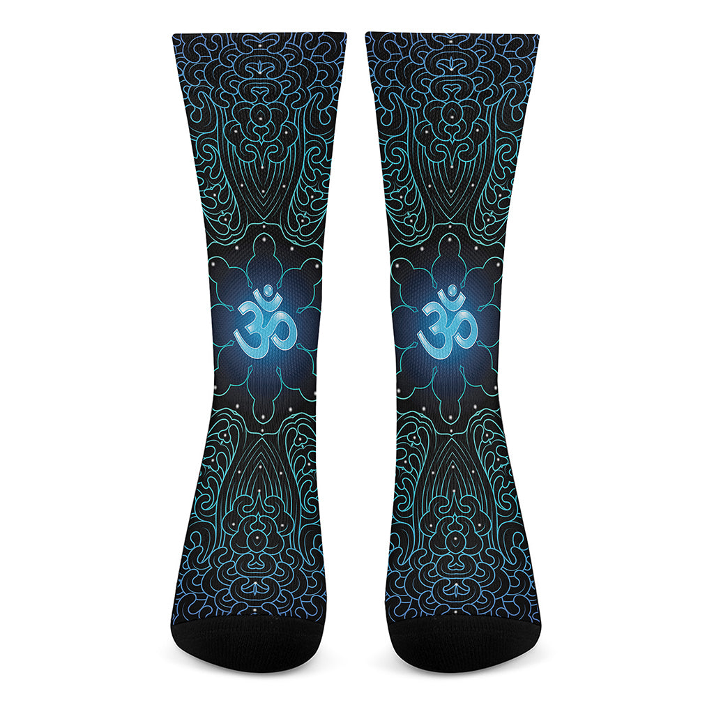 Blue Om Mandala Print Crew Socks